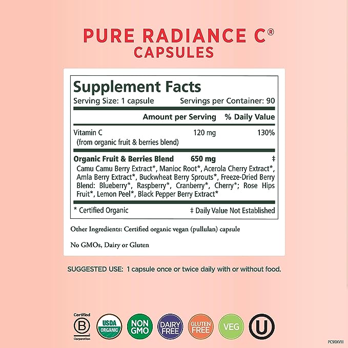 PURE SYNERGY Pure Radiance C | Organic Vitamin C Capsules | 100% Natural, Whole Food, Non-GMO - 90 tabs